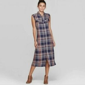Universal Thread 100% Rayon Plaid Sleeveless Button-front Midi Ruffle Dress